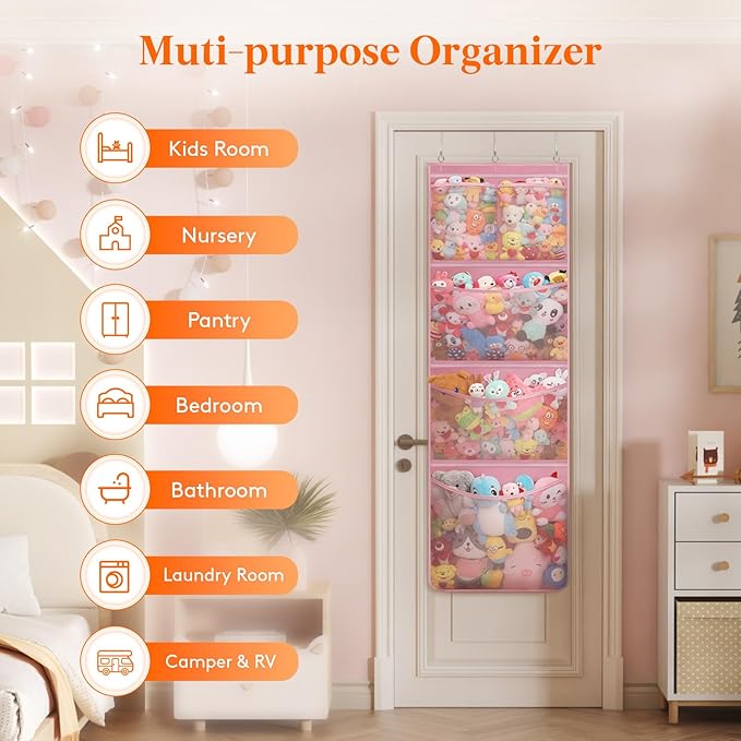 Lifewit Stuffed Animal Storage, Over the Door Organizer with 5 Expandable Mesh Pockets, Breathable Oxford Fabric Hanging Kid Baby Plush Toy Holder for Nursery, 167 cm (65.8'') High, Pink, 1 Pack