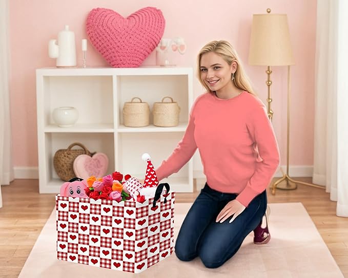 Large Valentine's Day Basket Heart Shaped Storage Bin for Gifts Collapsible Organizer Room Decor (Grid Love)