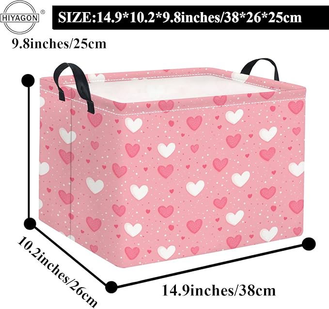 HIYAGON Rectangular Valentines Basket Baby Girl Storage Bin Pink Basket Organizer Box Heart Room Decor(Pink Hearts)