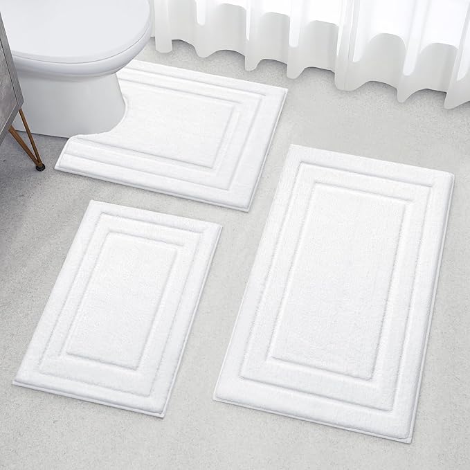 HOMEIDEAS Bathroom Rugs Sets 3 Piece, Super Soft and Absorbent Non Slip Microfiber Toilet Bath Mat with U-Shaped (White)