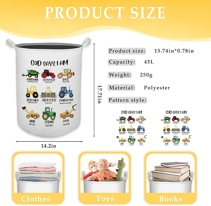 God Says I Am Construction Kids Laundry Basket, Toybox for Boys Room, Christian Laundry Basket Hamper Waterproof Collapsible Clothes Toys Storage Bin Organizer for Bedroom Bathroom Boys Room