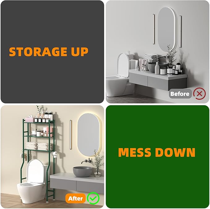 3-Tier Over The Toilet Storage, Space Saver Metal Bathroom Shelves, Freestanding Above Over Toilet Storage Shelf with 4 Hooks for Bathroom, Green