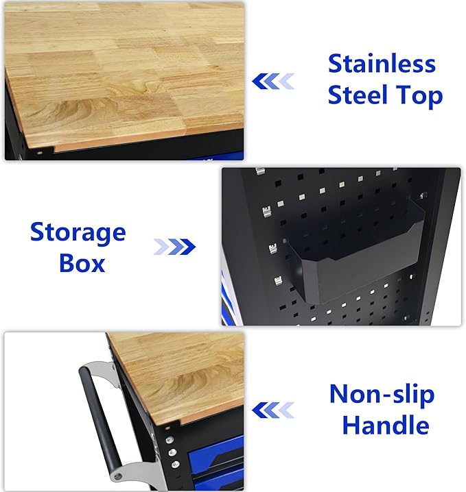 30 Inch Rolling Tool Chest with 7 Drawers, Steel Tool Cabinet with Wood Countertop, Lockable 360° Swivel Casters, Stand Up Toolbox, Portable Garage Tool Box for Home, Workshop (Black+Blue)