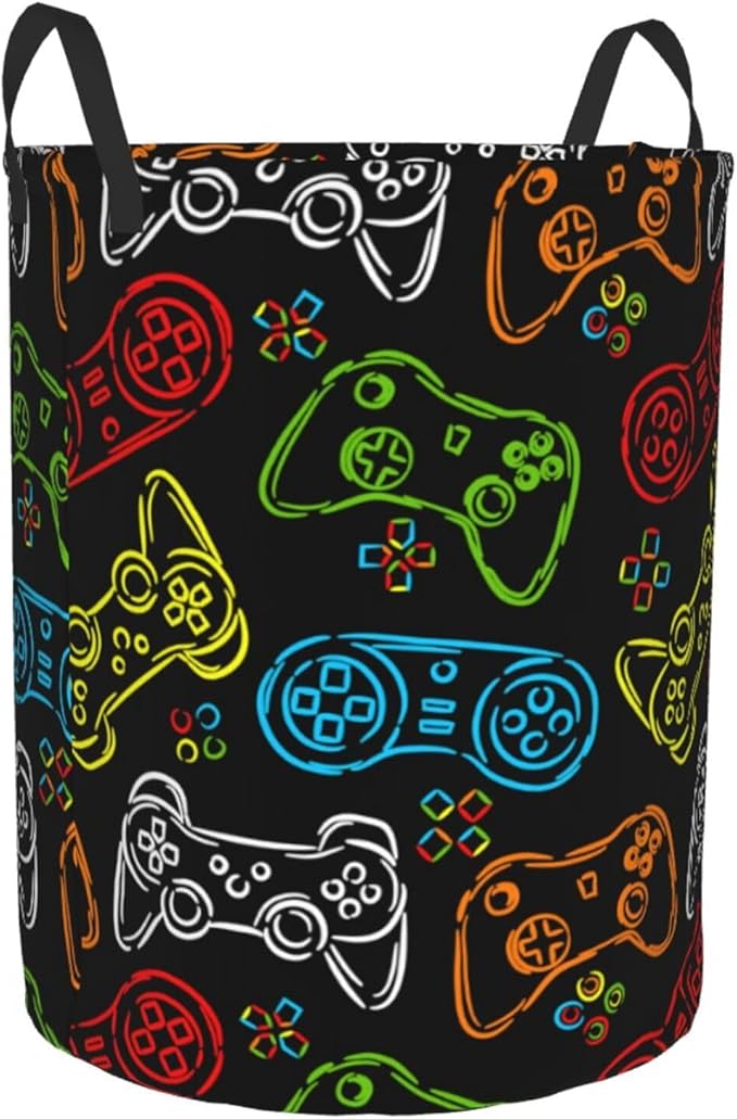 Game Joysticks Colorful Silhouettes Round Laundry Hamper Gaming Theme Storage Basket Toys Clothes Organizer Bin For Home Bathroom Bedroom Dorm Nursery, 62l