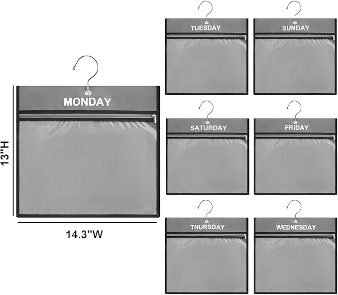 7 Pcs Weekly Travel Organizer Pouches Day of Week Clothing Packing Cubes Monday to Sunday School Clothes Organizer for Kids (Grey)