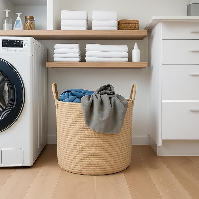 ShellKingdom Laundry Basket, Large Natural Rope Woven Storage Basket with Handles for Home, Living Room, Laundry, Storage Organizer for Blankets, Clothes, Plant, Toys, 19.7 x 14.96 INCH (Jute)