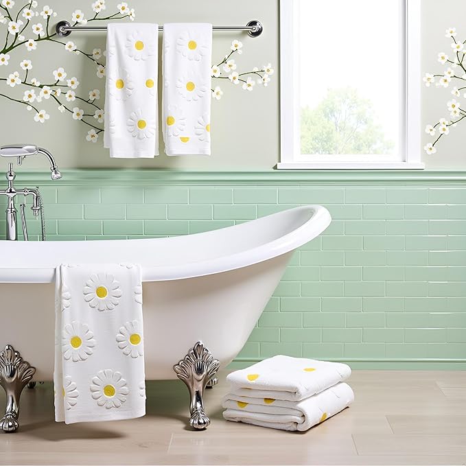 2pcs Daisy Hand Towels for Bathroom Decorative Towels Set 100% Cotton White Jacquard Spring Summer Floral Bath Towels Dish Kitchen Towels Kitchen Bathroom Decor Gift(Daisy White)