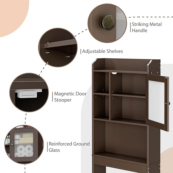 ZenStyle Over The Toilet Cabinet Double Door Wood Bathroom Storage Organizer with Adjustable Shelves, Cubby and Tempered Glass Door (Brown)