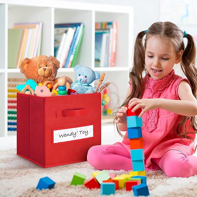 artsdi 13x13x13 storage cube bins(Set of 8) Fabric storage cubes with 8 Labels Window Cards & a Pen, storage cubes 13x13, Collapsible 13 inch cube storage bins, Cubby Organizer Boxes, Red
