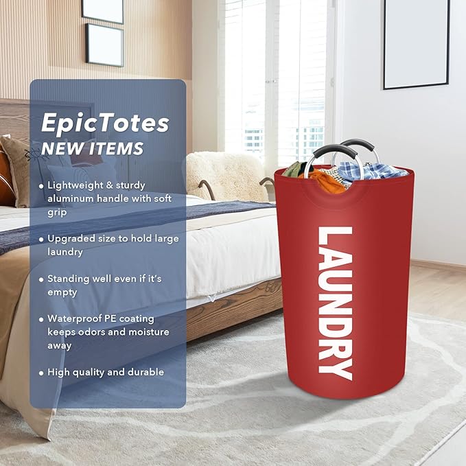 75L Large Laundry Basket, Freestanding Waterproof Laundry Hamper, Collapsible Folding Tall Clothes Hamper, Easy Carry with Foam Protected Aluminum Handles for Dorm, Family, Travel (Red)