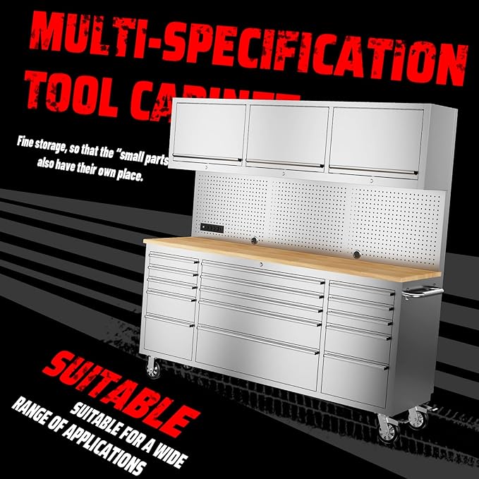 SINDA 72-inch Rolling Tool Cabinet Mobile Workbench Tool Chest with 15 Storage Drawers, Wheels, 3 Uper Cabinet, Outlet, SS Pegboard, Stainless Steel