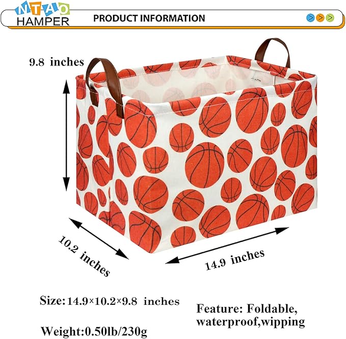 Rectangular Basketball Storage Basket , Storage Bin with Handles,Baby Room Decor,Gift Basket(Basketball)