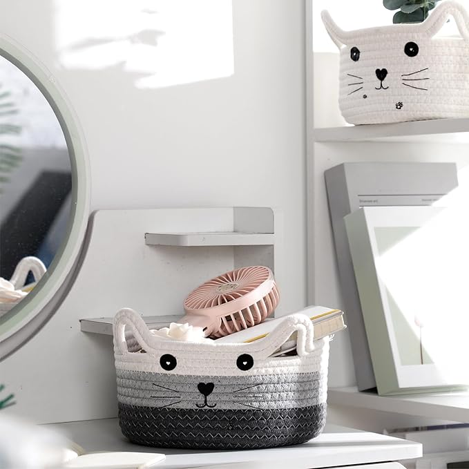 Zopeal Cat Basket Storage Woven Organizer with Ears Christmas Decorative Pet Toy Cute Cotton Rope Basket for Gift Cat Dog Toy Bin Nursery Room(8.3 x 4.7 Inch,White, Light Gray and Gray)