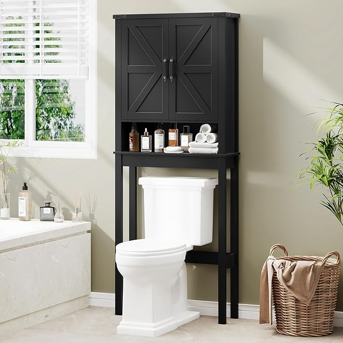 Over The Toilet Storage Cabinet, Farmhouse Over Toilet Bathroom Organizer with 2 Barn Doors, Narrow Above Toilet Storage Cabinet, Behind Toilet Bathroom Organizer, Black