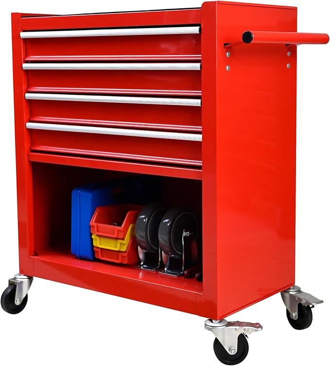 4-Drawer Rolling Tool Chest Cabinet, Large Capacity Metal Tool Box with Wheels, Storage Organizer Tool Cart for Garage, Warehouse, Work Shop (Red)