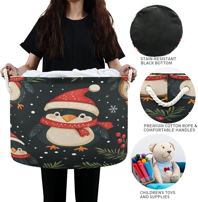 Blanket Storage Basket for Living Room - Cute Christmas Penguin Large 20"x20"x14" Cotton Rope Handles Laundry Basket, Foldable for Toy Storage, Blanket Basket
