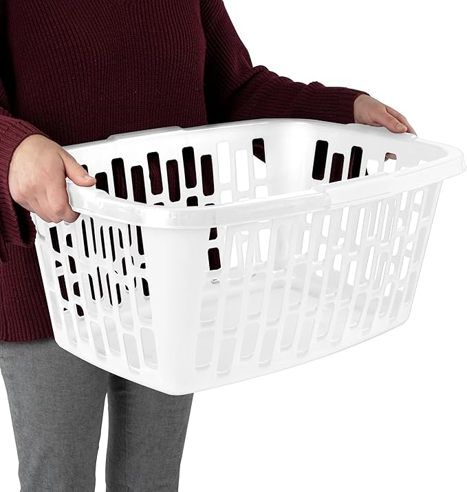 (4 pack) Plastic Basic Laundry Basket, Breathable Rectangle, Carrying Handles, White