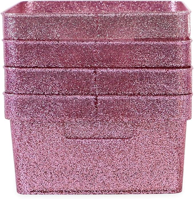 Isaac Jacobs Small Glitter Storage Bin (10” x 7.5” x 4.25”) Set w/Cut-Out Handles, Plastic Organizer, Multi-Functional, Home Storage Solution, Kids Playroom, Bedroom, Closet (4, Pink)