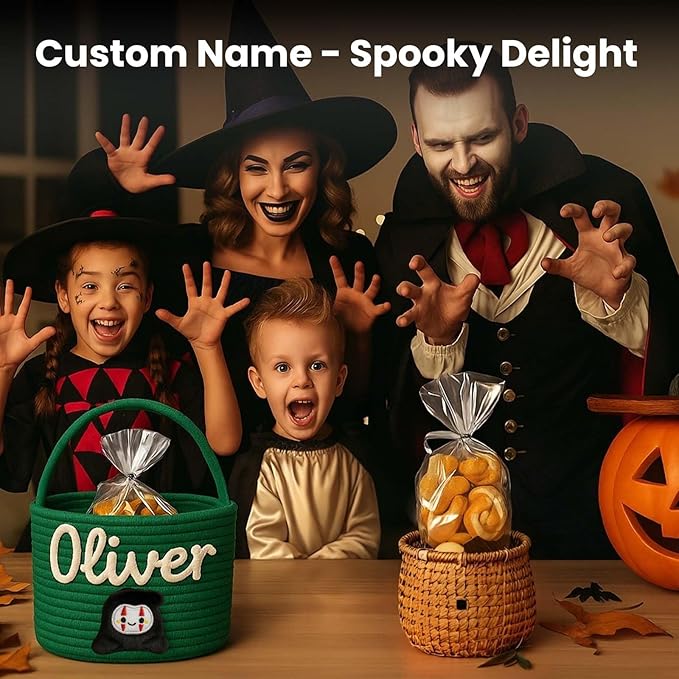 Personalized Halloween Trick or Treat Basket with Name β Custom Woven Candy Bag, Pumpkin or Ghost Bucket for Kids, Boys & Girls
