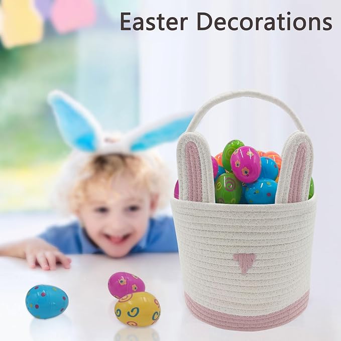 2 Pack Large Woven Easter Baskets for Kids - Boy & Girl Options, Empty Basket with Gift Bags and Ribbons Cute Easter Decorations Bunny Ears Designs (Pink+Blue)