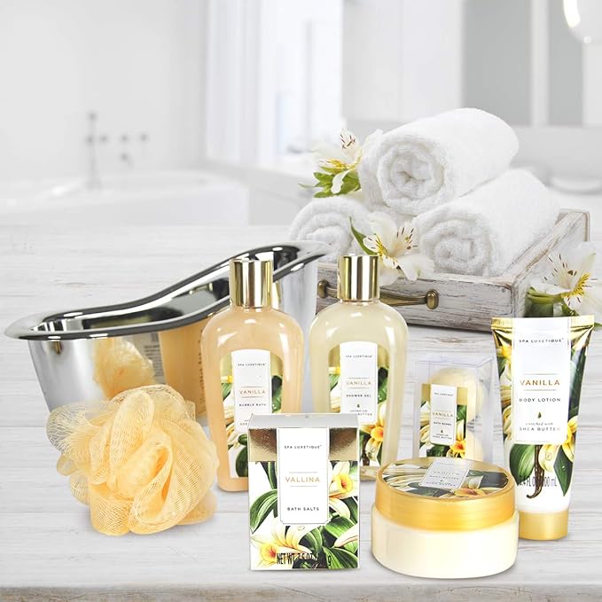 Gifts for Women, Spa Luxetique Spa Gift Baskets for Women, 8 Pcs Vanilla Bath Gift Sets, Vanilla Gift Baskets, Valentine's Day Gifts