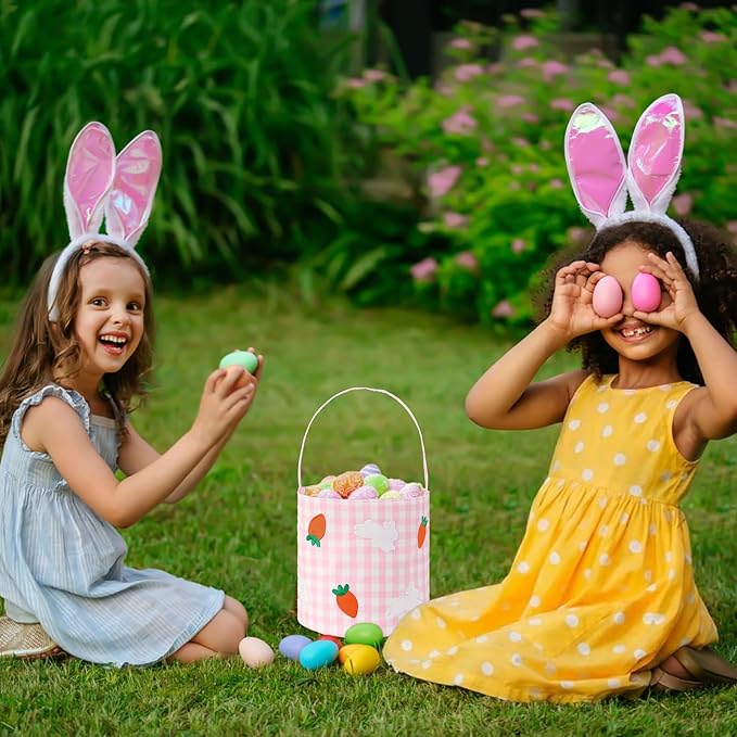 Easter Bunny Basket for Kids,Cute Easter Bucket Bags with Rabbit Ears for Easter Eggs Hunting,Easter Decorations,Candy Gifts Storage (Pink Gingham)