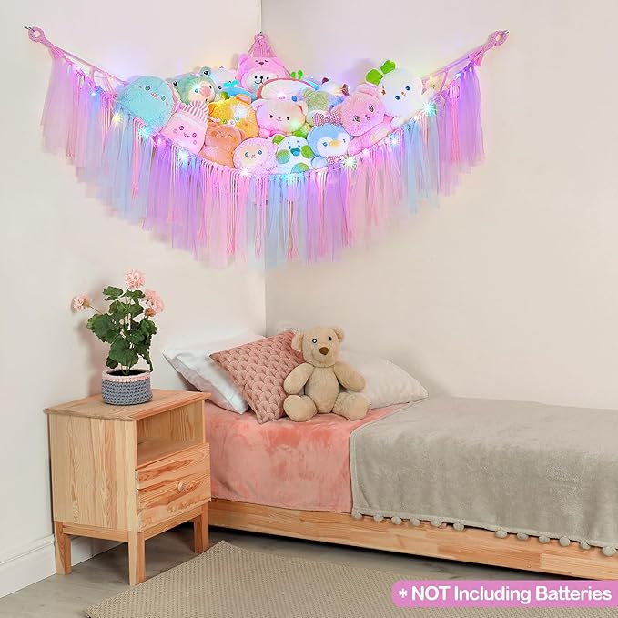 FIOBEE Stuffed Animals Net or Hammock with LED Light, Toy Hammock Hanging Stuffed Animals Storage Organizer Holder Room Décor for Nursery Kids Bedroom