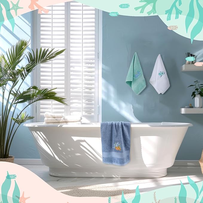 3 Pack Coastal Hand Towels for Bathroom 100% Cotton Embroidered Beach Bathroom Towels 13.78 x 29.53 Inch Soft Absorbent (White Green Blue, Seashell)