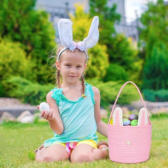Personalized Easter Basket for Kids with Name - Custom Cute Embroidery Easter Bunny Rope Basket for Boys Girls, Easter Egg Hunt Basket (Blue-White)