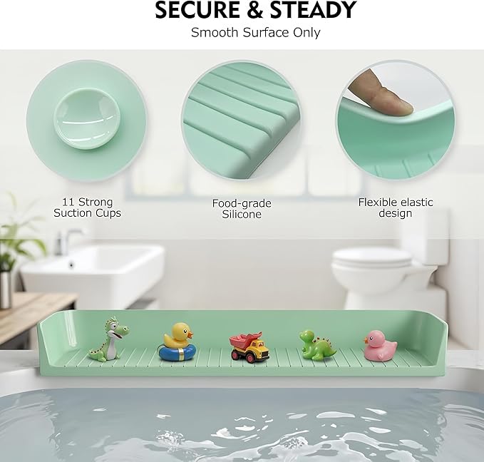 31 Inch Longer Kids Bathtub Water Splash Guard, Flexible Silicone Bath Toy Tray Holder with Strong Suction Cups, No Leak, Bathroom Essentials Ledge Shelf for Toddlers Baby Kids(Green)