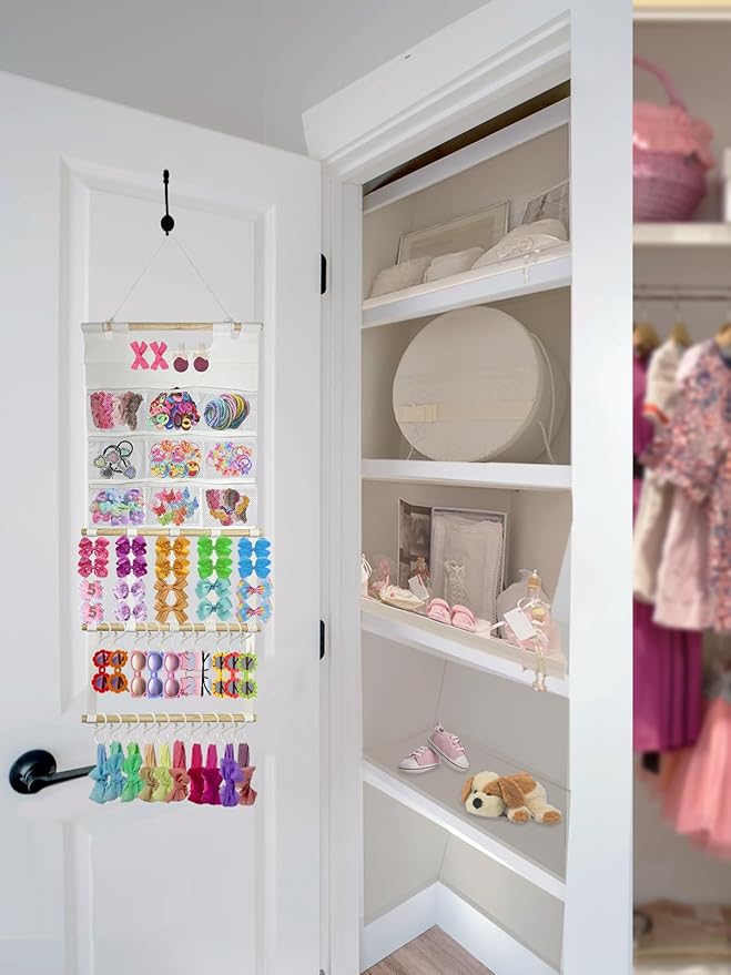 Headband Holder Organizer, Hair Accessories Storage with 9 Net Pockets, Wall Hanging Hair Clips Hair Band Organizer for Girls Room