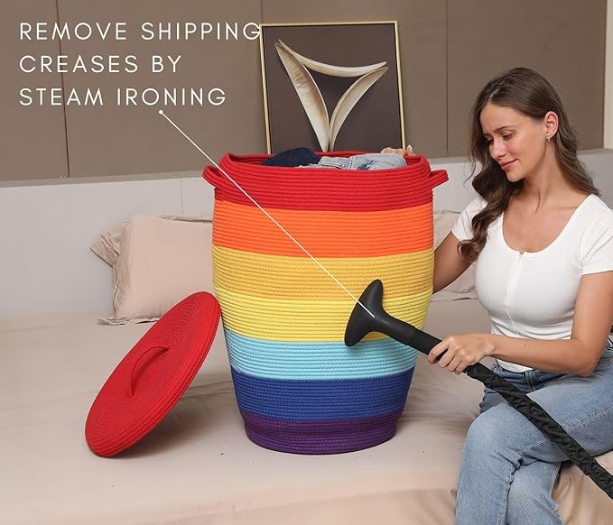 26" x 20" Handcrafted Tall Cotton Rope Basket with Lid, Stylish Flagon Shape with Cover, Clothes Hamper with Top, for Bedroom and Living Room, Rainbow