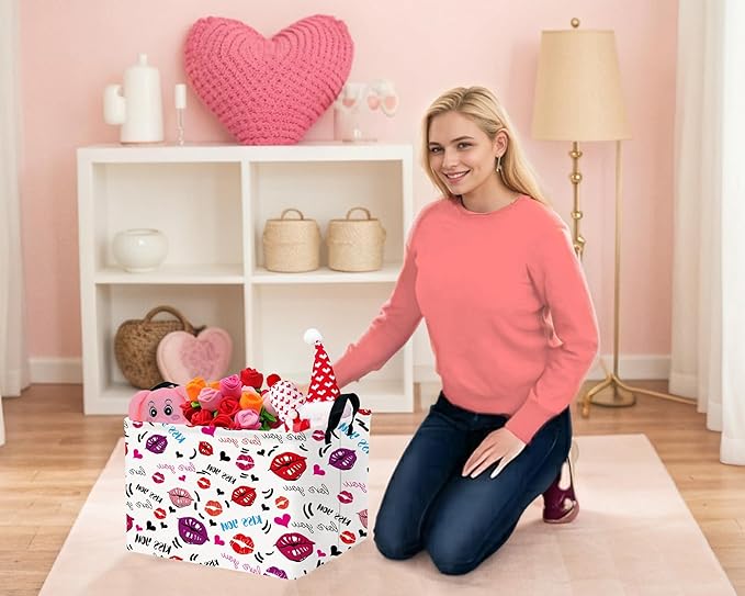 Large Valentine's Day Basket Heart Shaped Storage Bin for Gifts Collapsible Organizer Room Decor (Mouth Black Love)