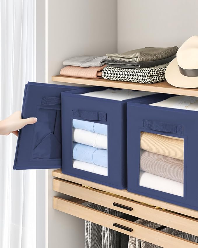 Storage Cube 11 Inch - Cube Storage Bins with Window, Closet Storage Baskets with Handle, Fabric Bins for Closet, Shelves, Toys, Clothes, Set of 16, Navy Blue