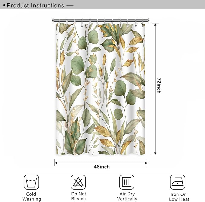 Green Eucalyptus Leaves Bathroom Curtain - Tropical Leaf Nature Plant Polyester Waterproof Fabric Modern Home Decor Bath Shower Curtain with Hooks, 48x70 Inch