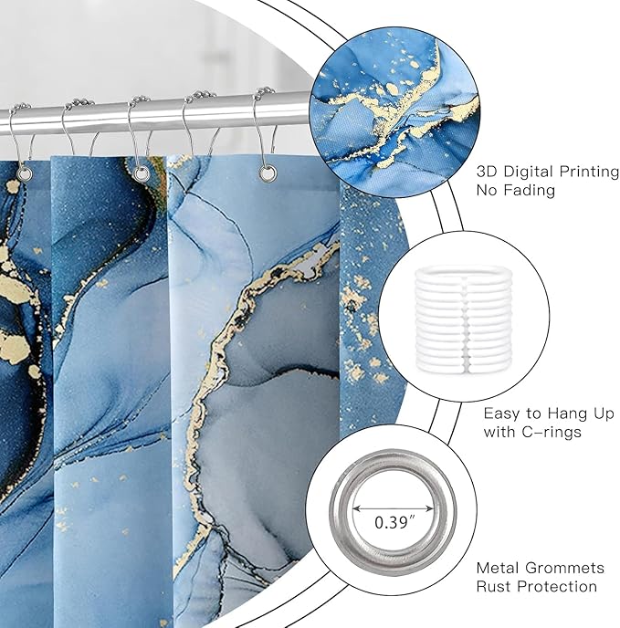 4 Pcs Blue Marble Shower Curtain Sets with Rugs Gold Bathroom Sets with Shower Curtain and Rugs Modern Abstract Bathroom Decor Accessories Shower Curtains for Bathroom Toilet Lid Cover
