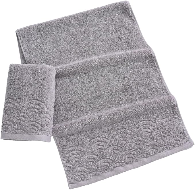 Grey Hand Towels Highly Absorbent 100% Cotton Ultra Soft Rippled Textured Edge Terry Decorative Hand Towel for Bathroom 13 X 29 inch, 2 Piece