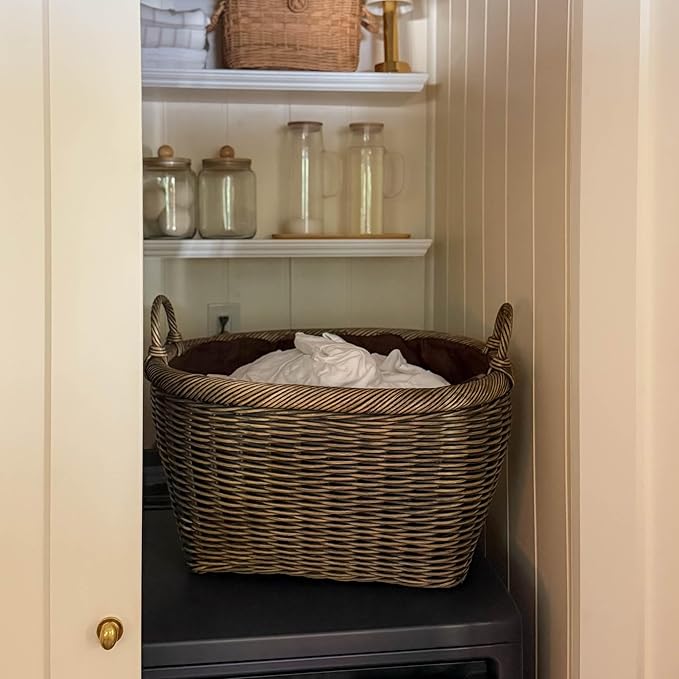 The Basket Lady Oval Wicker Laundry Basket, 25 in L x 19 in W x 14 in H (17 in overall H), Antique Walnut Brown