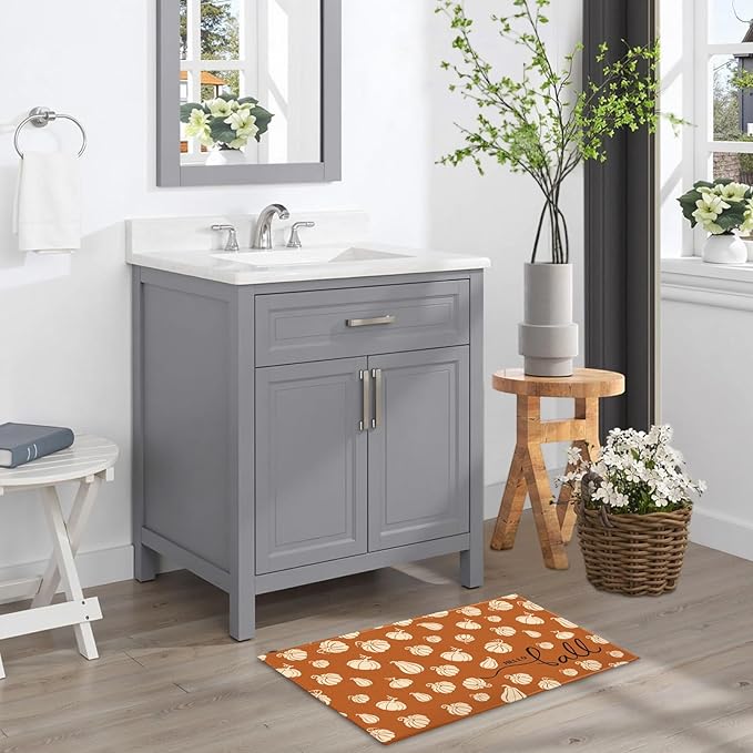 Hello Fall Bathroom Rug for Bathtub Shower Room Orange Autumn Pumpkins Bathroom Mats Thanksgiving Decorative Non-Slip Absorbent Bath Rugs 32"x20" for Dooway Kitchen Sink Bedside