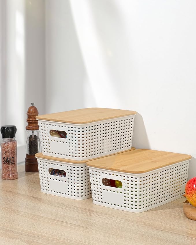 Plastic Storage Baskets with Bamboo Lids for Pantry Organization and Storage Containers Bins for Shelves Drawers Desktop Closet Playroom Classroom Office Home, 6 Pack,White