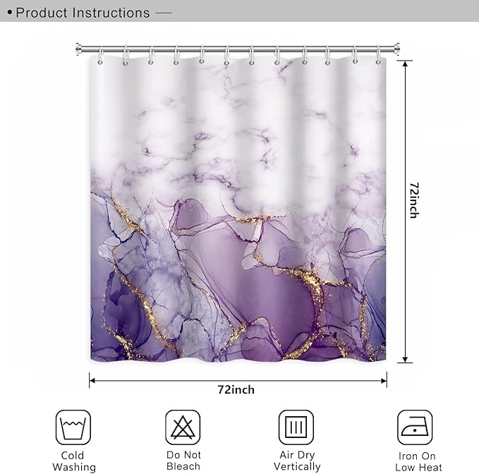 Abstract Marble Bathroom Shower Curtain Purple Gradient Watercolor Waterproof Polyester Shower Curtains Modern Luxury Artistic Aesthetic Shower Curtain with Hooks Decorative, 72x72 Inch