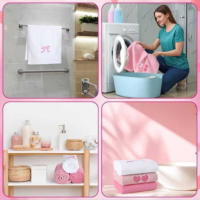 3 Pcs Bow Heart Hand Towels for Bathroom Embroidered Bathroom Towels Farmhouse Decorative 13.78 x 29.53 Inch Absorbent Soft Cotton for Kitchen Dish Fast Drying Decor