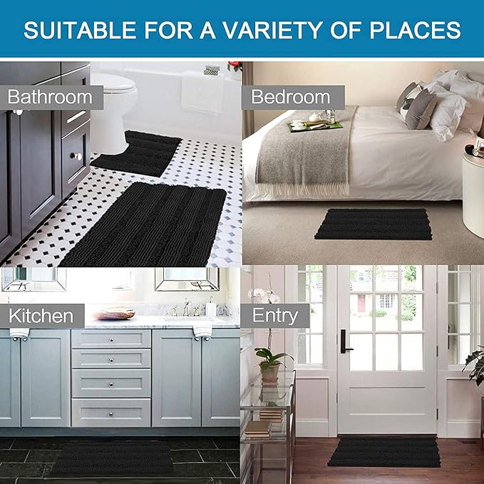 H.VERSAILTEX 3 Piece Bathroom Rugs Sets Thick Striped Bath Rugs Set for Bathroom Non Slip Soft Absorbent Bath Mat Set for Tub, Shower and Toilet(17''x24''+20''x32''+20''x24'' U-Shaped, Jet Black)