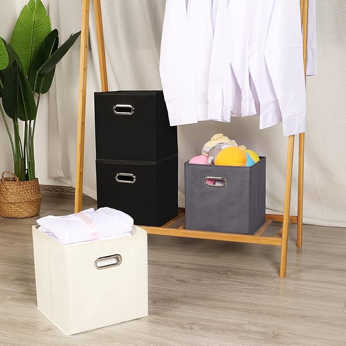 Yunkeeeper storage bins Cubes, Fabric Cube Organizer with Handle, Foldable Cube Bins for Cloth or Accessary Storage, 11x11x11, Set of 3, (Black)