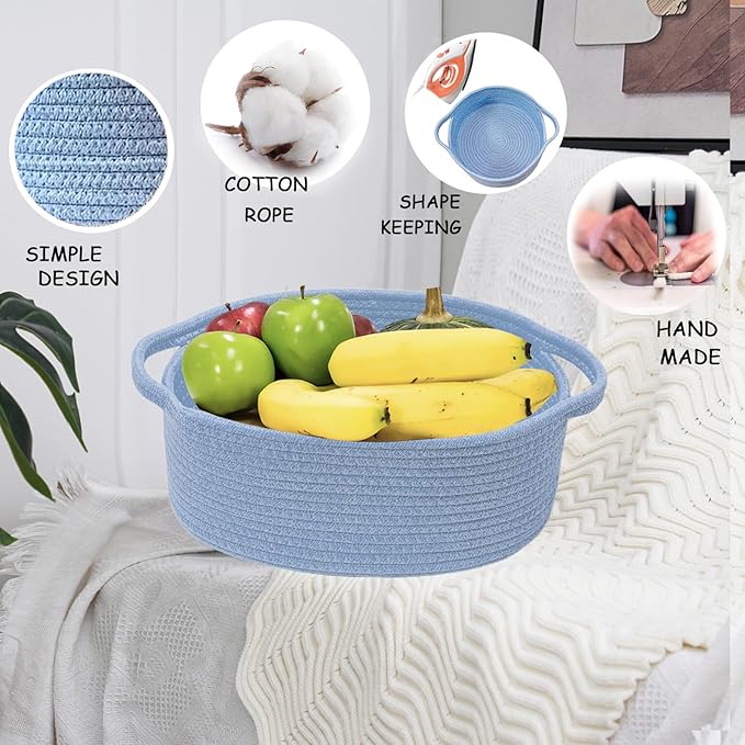 COMFY HOMI Small Woven Gift Baskets with Handles, Gift Bags and Ribbons - Cotton Rope Storage Basket for Organizing, Dog Toy Basket Box, Gift Baskets Empty, Mother’s Day-φ11X5 Inch(all bule)