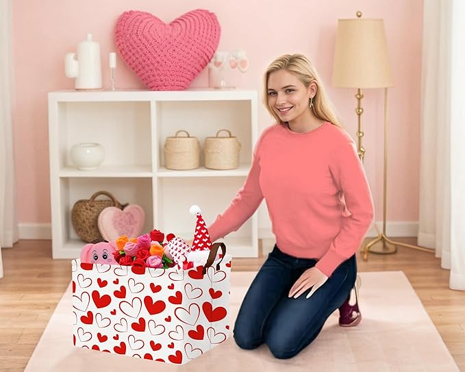 Large Valentine's Day Basket Heart Shaped Storage Bin for Gifts Collapsible Organizer Room Decor (Red Hollow Solid Love)