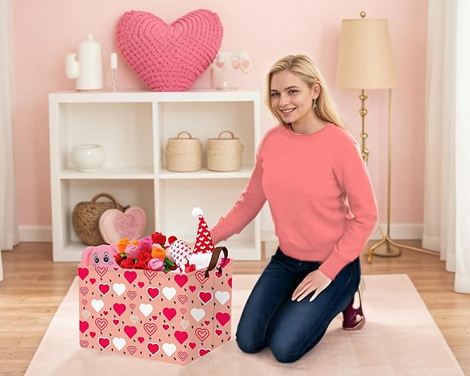Large Valentine's Day Basket Heart Shaped Storage Bin for Gifts Collapsible Organizer Room Decor (Pink Bottom Red White Love)