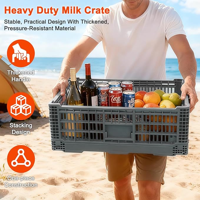 Collapsible Milk Crate, 1 pck 52L(13GAL) Stackable Storage Bins, Heavy Duty Storage Crates, Plastic Crates for Grocery, Warehouse Organization - Extra Large, Holds 130 lbs Per Bin