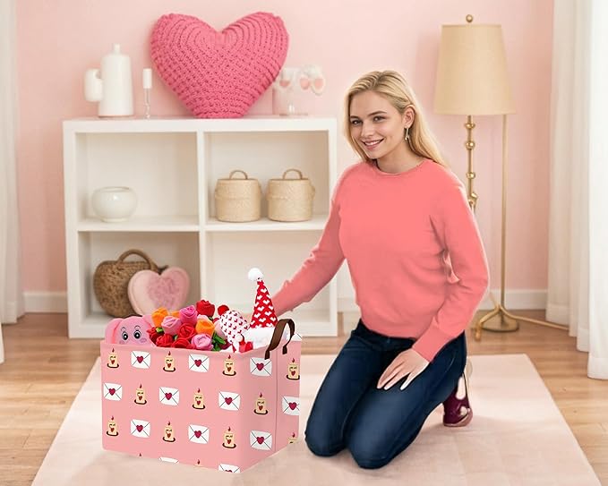 Large Valentine's Day Basket Heart Shaped Storage Bin for Gifts Collapsible Organizer Room Decor (Pink Candle Envelope Love)