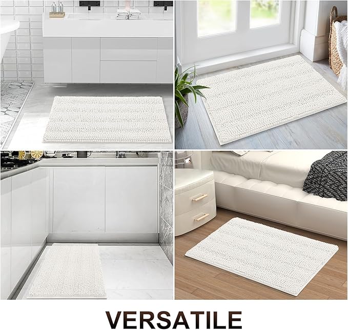 Grandaily Chenille Striped Bathroom Rugs 30x20, Extra Thick and Absorbent Bath Mats, Non-Slip Soft Plush Shaggy Shower Carpet, Machine Wash Dry, Bath Rug for Bathroom, (Medium, Cream)
